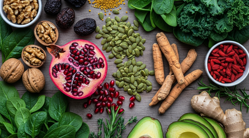 A flat-lay of vibrant plant-based foods and herbs such as pomegranate, pumpkin seeds, greens, and Ashwagandha root, symbolizing natural male sexual vitality boosters.